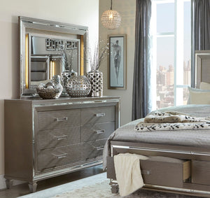 English Elm Silver Metallic Six Drawer Dresser with Beveled Mirror Trim and Acrylic Pulls Glam Bedroom B011P176907