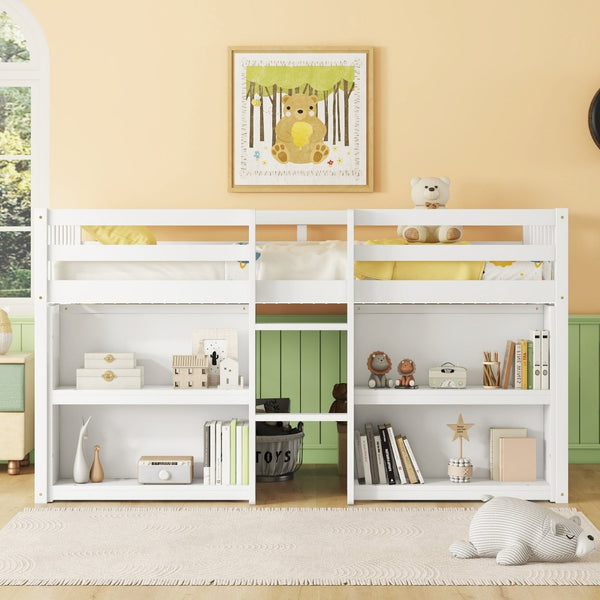 English Elm Twin Low Loft Bed for Kids with Built-in Shelves Led Lighting and Play Space White W697P153472