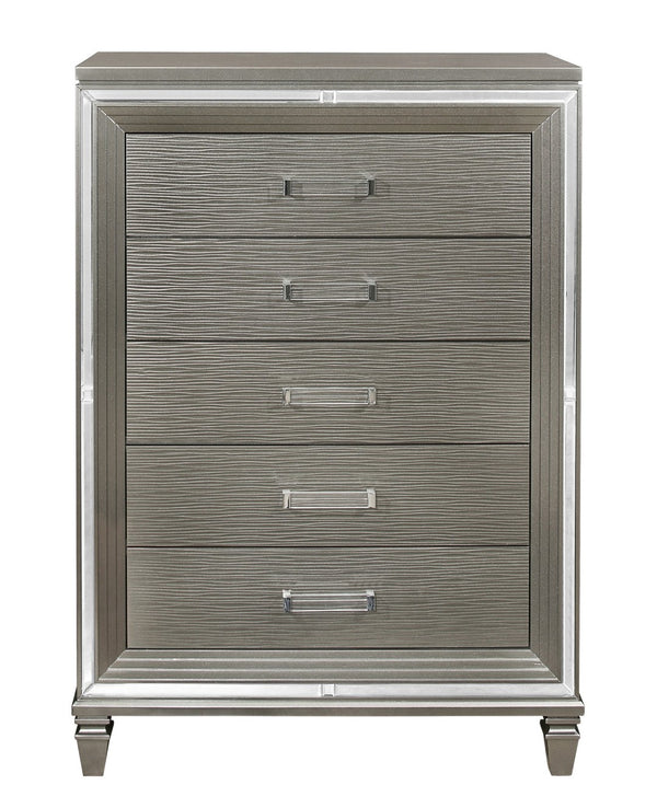 English Elm Silver Metallic Glam Five Drawer Chest with Beveled Mirror Trim and Acrylic Pulls B011P176906