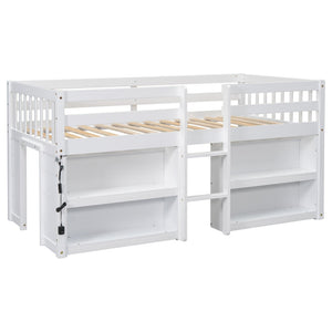 English Elm Twin Low Loft Bed for Kids with Built-in Shelves Led Lighting and Play Space White W697P153472