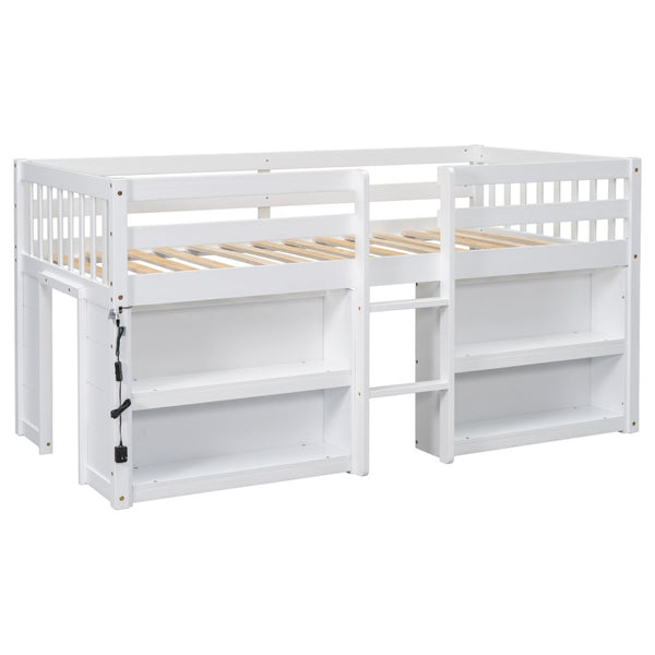 English Elm Twin Low Loft Bed for Kids with Built-in Shelves Led Lighting and Play Space White W697P153472