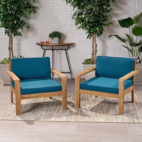 English Elm Christopher Knight Home® - SANTA club chair set with wire-brushed wood finish, slat paneling and water-resistant cushions, stylish lounging Brown+Teal 63663.00BRNF-L-2_63663.00TS-D2