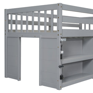 English Elm Twin Low Loft Bed for Kids with Built-in Shelves Led Lighting and Play Space Grey W697P153473