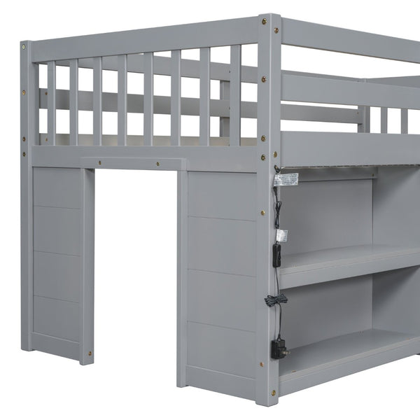 English Elm Twin Low Loft Bed for Kids with Built-in Shelves Led Lighting and Play Space Grey W697P153473