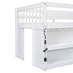 English Elm Twin Low Loft Bed for Kids with Built-in Shelves Led Lighting and Play Space White W697P153472