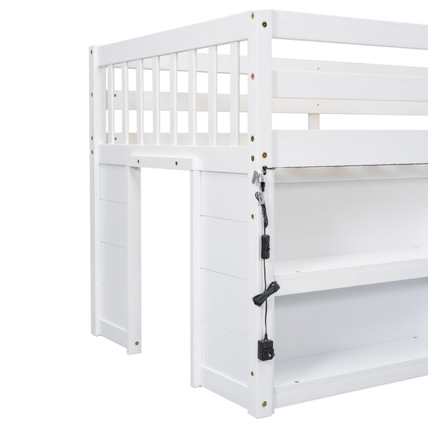 English Elm Twin Low Loft Bed for Kids with Built-in Shelves Led Lighting and Play Space White W697P153472