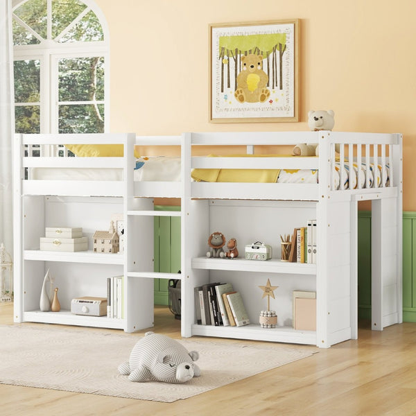 English Elm Twin Low Loft Bed for Kids with Built-in Shelves Led Lighting and Play Space White W697P153472