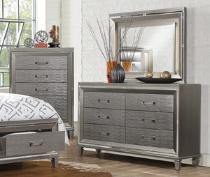 English Elm Silver Metallic Six Drawer Dresser with Beveled Mirror Trim and Acrylic Pulls Glam Bedroom B011P176907