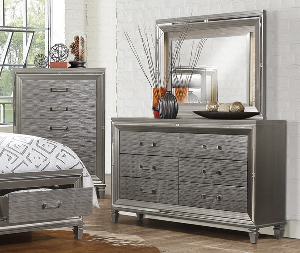 English Elm Silver Metallic Six Drawer Dresser with Beveled Mirror Trim and Acrylic Pulls Glam Bedroom B011P176907