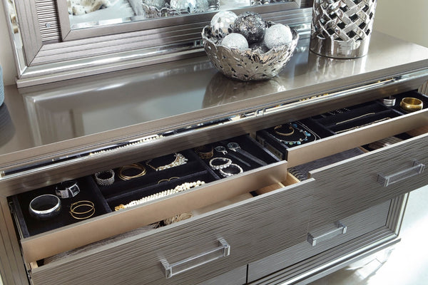 English Elm Silver Metallic Six Drawer Dresser with Beveled Mirror Trim and Acrylic Pulls Glam Bedroom B011P176907