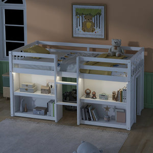 English Elm Twin Low Loft Bed for Kids with Built-in Shelves Led Lighting and Play Space White W697P153472