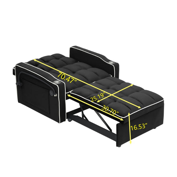 English Elm 1 Velvet Convertible Sleeper Sofa with Usb Port Adjustable Back and Rolling Casters Black W2564P462076