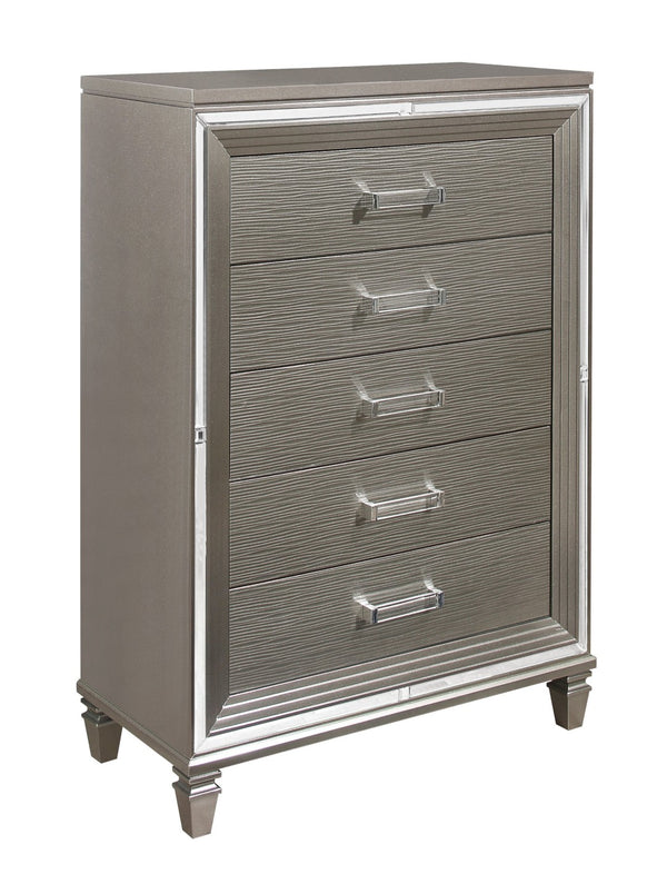 English Elm Silver Metallic Glam Five Drawer Chest with Beveled Mirror Trim and Acrylic Pulls B011P176906