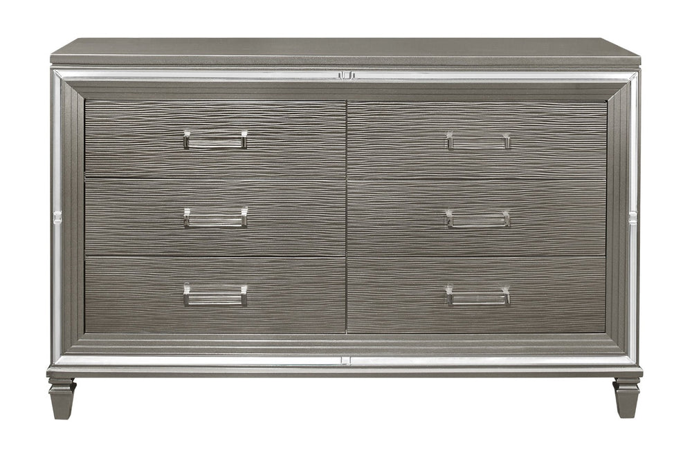 English Elm Silver Metallic Six Drawer Dresser with Beveled Mirror Trim and Acrylic Pulls Glam Bedroom B011P176907