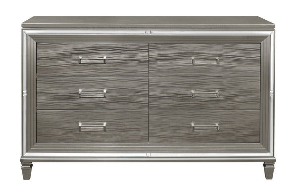 English Elm Silver Metallic Six Drawer Dresser with Beveled Mirror Trim and Acrylic Pulls Glam Bedroom B011P176907