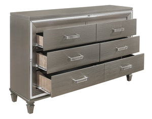 English Elm Silver Metallic Six Drawer Dresser with Beveled Mirror Trim and Acrylic Pulls Glam Bedroom B011P176907