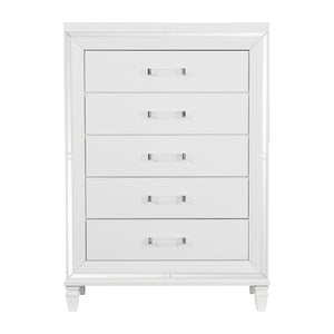 English Elm White Metallic Finish Tamsin Glam 5-Drawer Chest with Mirrored Frame & Acrylic Pulls, Modern Bedroom Storage 90" B011P176905