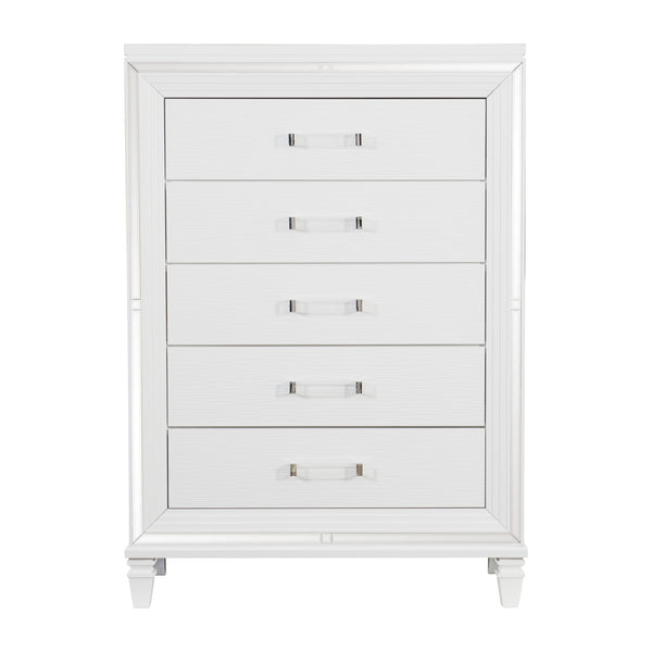English Elm White Metallic Finish Tamsin Glam 5-Drawer Chest with Mirrored Frame & Acrylic Pulls, Modern Bedroom Storage 90" B011P176905