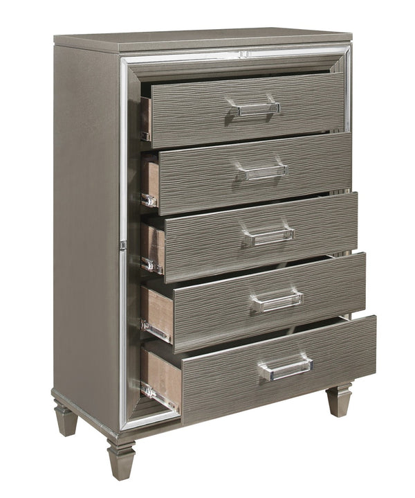 English Elm Silver Metallic Glam Five Drawer Chest with Beveled Mirror Trim and Acrylic Pulls B011P176906