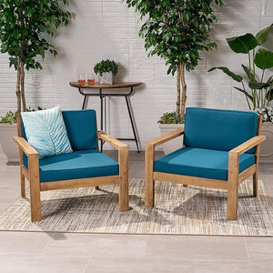 English Elm Christopher Knight Home® - SANTA club chair set with wire-brushed wood finish, slat paneling and water-resistant cushions, stylish lounging Brown+Teal 63663.00BRNF-L-2_63663.00TS-D2