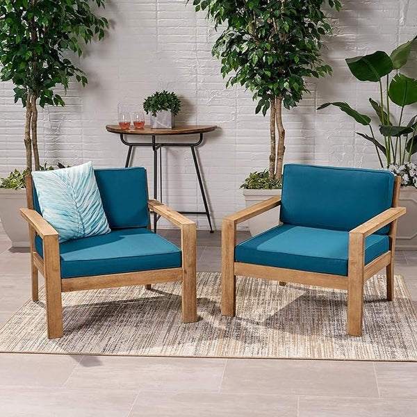 English Elm Christopher Knight Home® - SANTA club chair set with wire-brushed wood finish, slat paneling and water-resistant cushions, stylish lounging Brown+Teal 63663.00BRNF-L-2_63663.00TS-D2