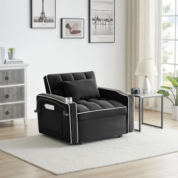 English Elm 1 Velvet Convertible Sleeper Sofa with Usb Port Adjustable Back and Rolling Casters Black W2564P462076