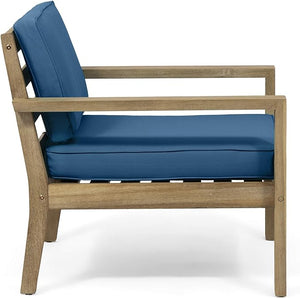 English Elm Christopher Knight Home® - SANTA Club Chair with Wire-Brushed Wood Finish and Water-Resistant Cushions, Slat Panel Design Brown+Blue 63663.00BRNF-L_TS-D