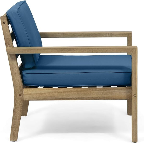 English Elm Christopher Knight Home® - SANTA Club Chair with Wire-Brushed Wood Finish and Water-Resistant Cushions, Slat Panel Design Brown+Blue 63663.00BRNF-L_TS-D