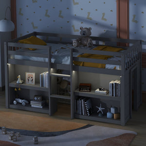 English Elm Twin Low Loft Bed for Kids with Built-in Shelves Led Lighting and Play Space Grey W697P153473