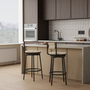 English Elm Creamy Hand Woven Paper Rope Swivel Barstools Set of 2 with Black Steel Frame for Kitchen Creamy White W1757P144565