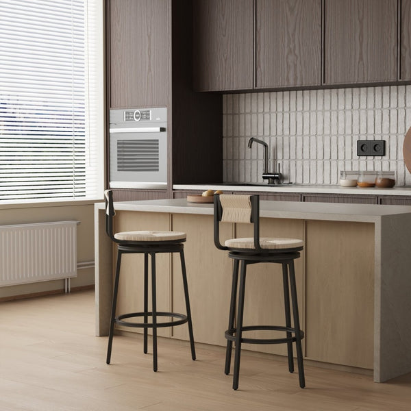 English Elm Creamy Hand Woven Paper Rope Swivel Barstools Set of 2 with Black Steel Frame for Kitchen Creamy White W1757P144565
