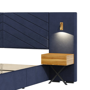 English Elm Queen Modern Floating Bedside Tables with LED Lights, Crossed Metal Legs, Single Drawer Storage, Durable Construction Retro Blue W1793S00001