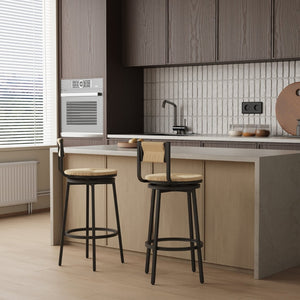 English Elm Creamy Hand Woven Paper Rope Swivel Barstools Set of 2 with Black Steel Frame for Kitchen Honey W1757P144567