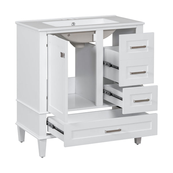 English Elm 30" Modern Bathroom Vanity with Solid Wood Frame, Ceramic Sink, Gold Handles & Soft-Close Storage White WF321698AAK