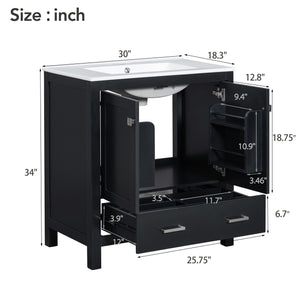 English Elm 30" Black Bathroom Vanity with Undermount Sink, Solid Wood Frame, Soft-Close Doors & Drawer Organizer WF324043AAB
