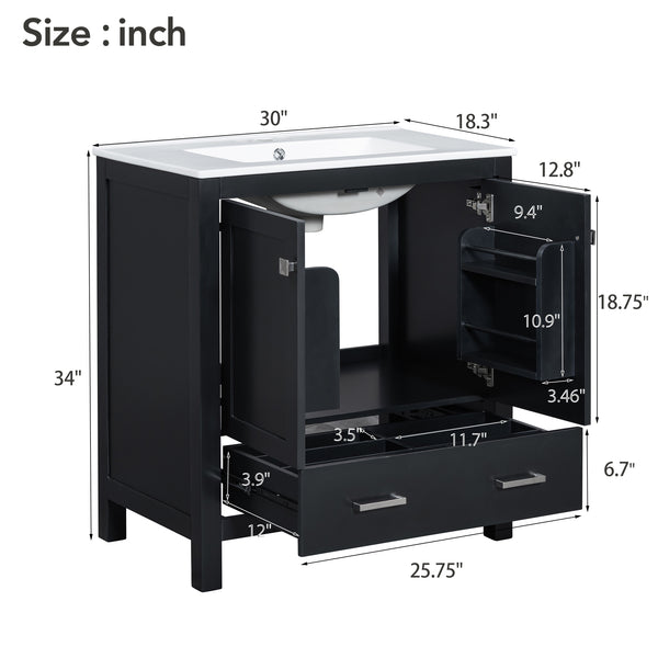 English Elm 30" Black Bathroom Vanity with Undermount Sink, Solid Wood Frame, Soft-Close Doors & Drawer Organizer WF324043AAB