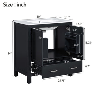 English Elm Modern 48 Inch Freestanding Bathroom Vanity Dual Ceramic Sinks Soft Close Gold Handles Black N729P000001B