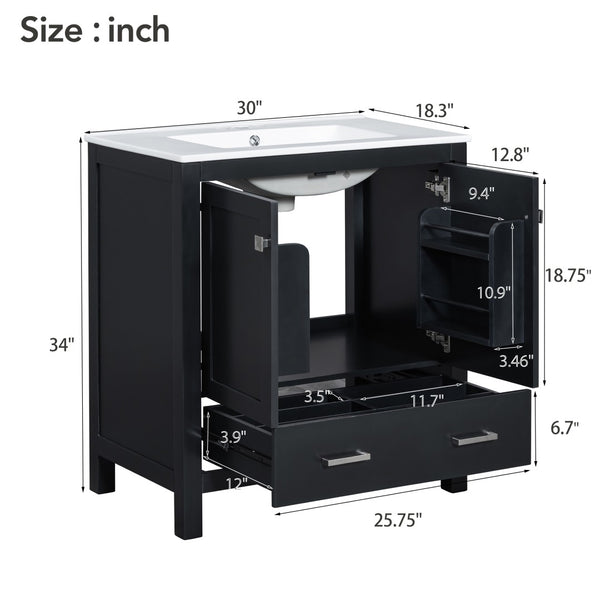 English Elm Modern 48 Inch Freestanding Bathroom Vanity Dual Ceramic Sinks Soft Close Gold Handles Black N729P000001B