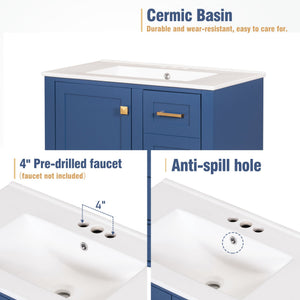 English Elm 30" Modern Bathroom Vanity with Solid Wood Frame, Ceramic Sink, Gold Handles & Soft-Close Storage Blue WF321698AAC