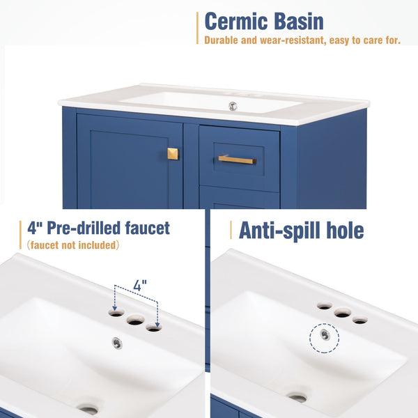 English Elm 30" Modern Bathroom Vanity with Solid Wood Frame, Ceramic Sink, Gold Handles & Soft-Close Storage Blue WF321698AAC
