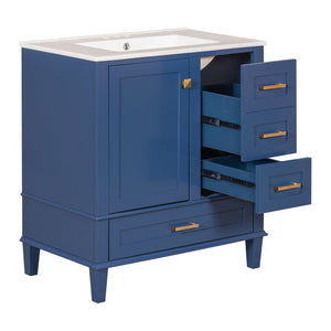 English Elm 30" Modern Bathroom Vanity with Solid Wood Frame, Ceramic Sink, Gold Handles & Soft-Close Storage Blue WF321698AAC