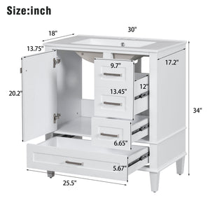 English Elm 30" Modern Bathroom Vanity with Solid Wood Frame, Ceramic Sink, Gold Handles & Soft-Close Storage White WF321698AAK