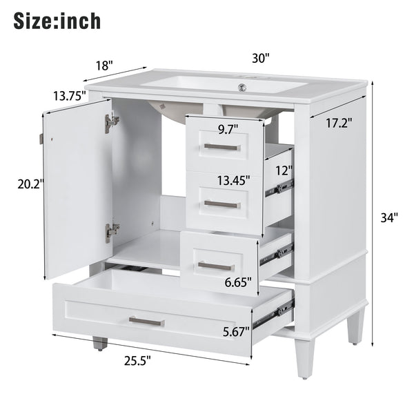 English Elm 30" Modern Bathroom Vanity with Solid Wood Frame, Ceramic Sink, Gold Handles & Soft-Close Storage White WF321698AAK