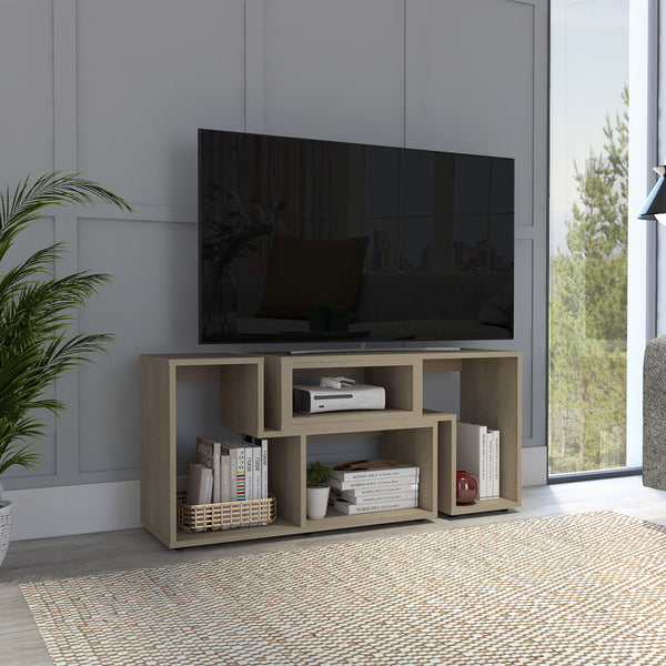 English Elm Being Extendable TV Stand with Multiple Shelves, Light Pine Beige Finish, Customizable Two-Part Design B200S00117