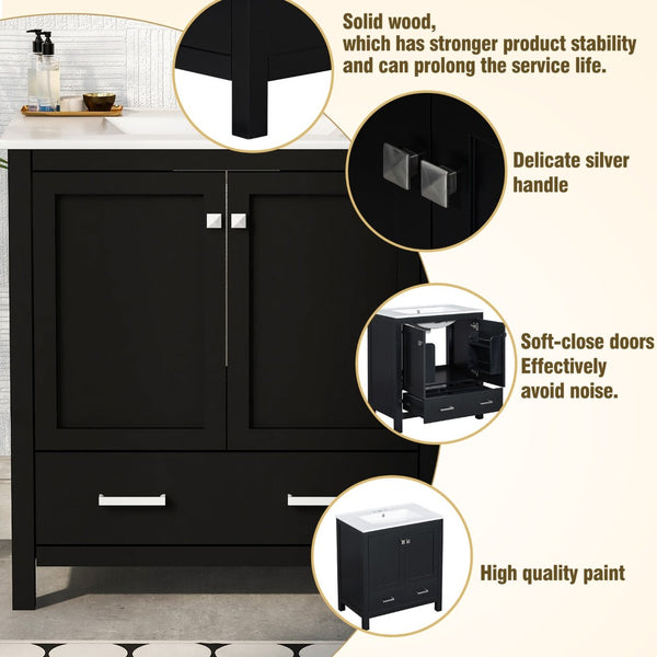English Elm Modern 48 Inch Freestanding Bathroom Vanity Dual Ceramic Sinks Soft Close Gold Handles Black N729P000001B