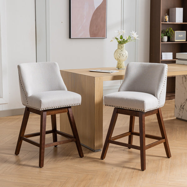 English Elm Counter Curved Back Swivel Barstool Set of 2 with 360° Rotation, Thick Cushions, Solid Wood Frame, 300 lb Capacity Beige W1143P151490