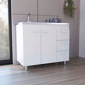 English Elm Ferretti modern base cabinet with three drawers, double doors and four legs for stylish storage White 43.7 L x 25.6 W x 7.9 H B070S00120