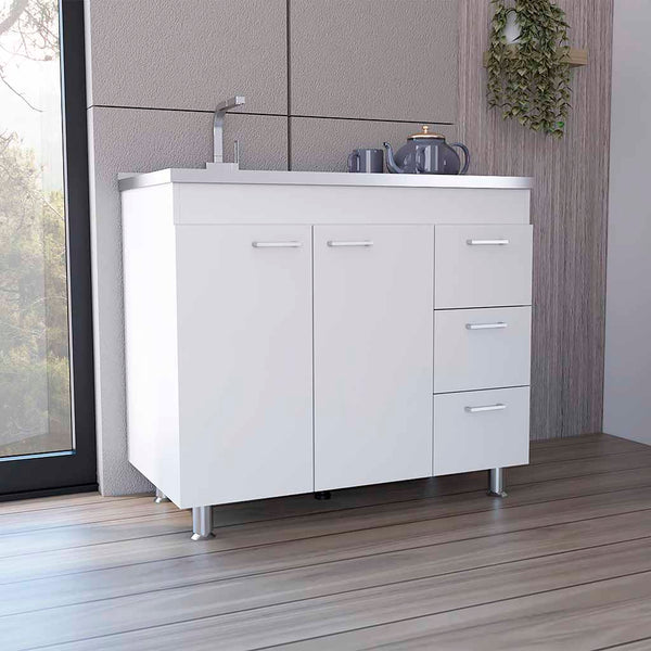 English Elm Ferretti modern base cabinet with three drawers, double doors and four legs for stylish storage White 43.7 L x 25.6 W x 7.9 H B070S00120