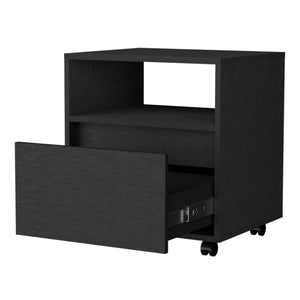 English Elm Wenge Mobile Nightstand with Drawer & Open Shelf on Casters — Modern Compact Storage for Bedrooms B062P175809