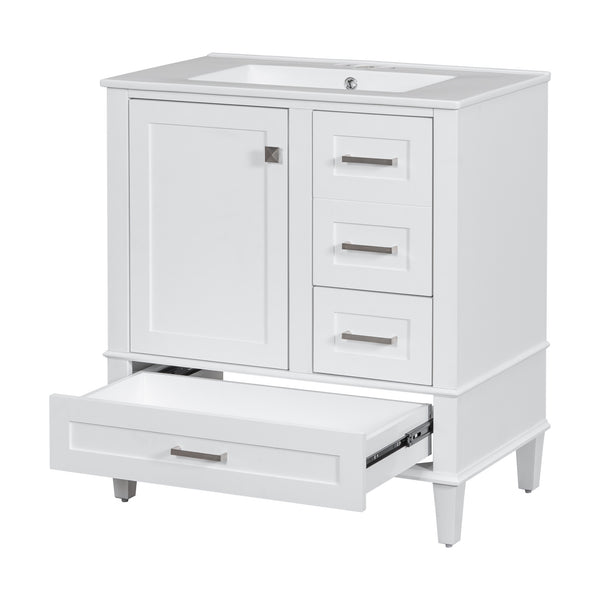 English Elm 30" Modern Bathroom Vanity with Solid Wood Frame, Ceramic Sink, Gold Handles & Soft-Close Storage White WF321698AAK